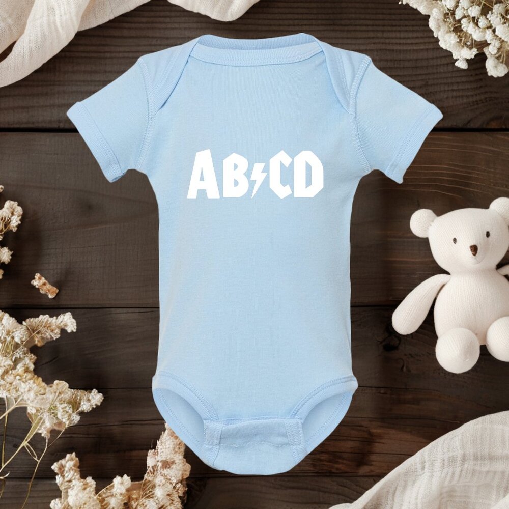 ab/cd Baby Onesie • Funny Rock Band Parody Bodysuit • AC/DC Inspired Onesie